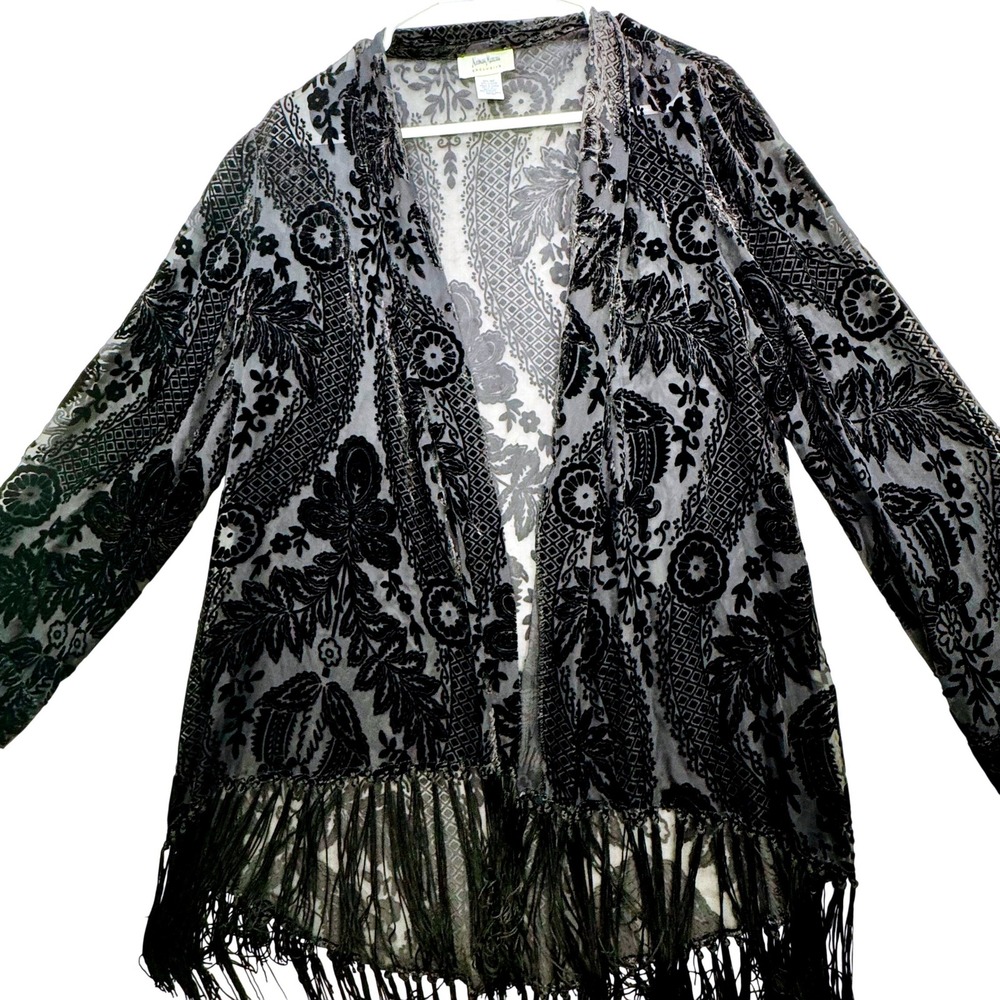 Neiman Marcus Kimono Wrap Women One Size Black Burnout Velvet Fringe Whimsigoth